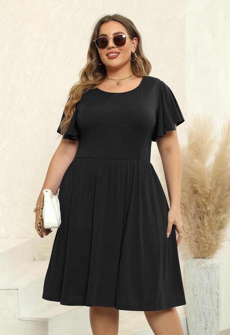Nemidor Women's Plus Size Dress Vintage Party Midi Casual Summer Fit and Flare Dress with Pocket NEM212 (20, Black) - Image 2